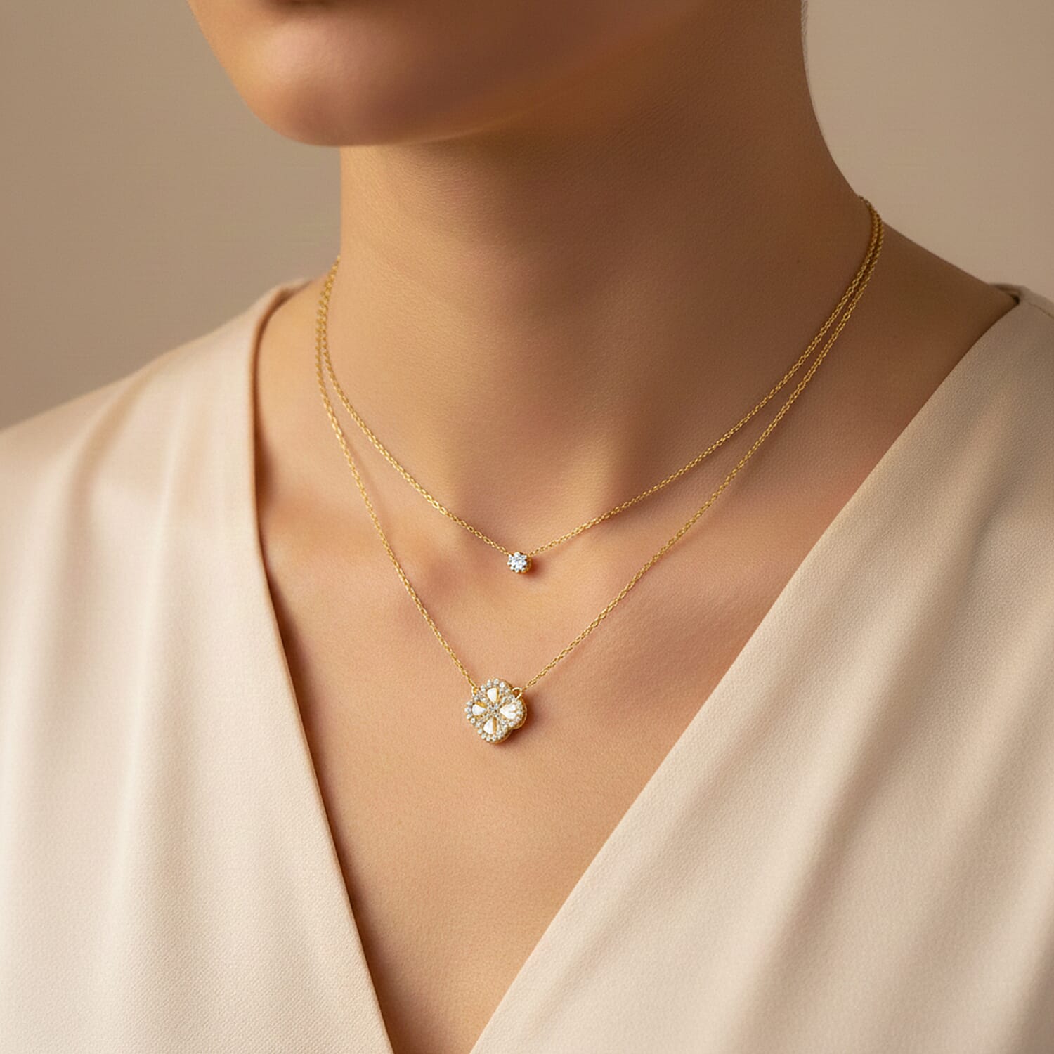 Cubic Zirconia Necklace (Size - 17.5 Inch with Ext) in Gold Plated Sterling Silver