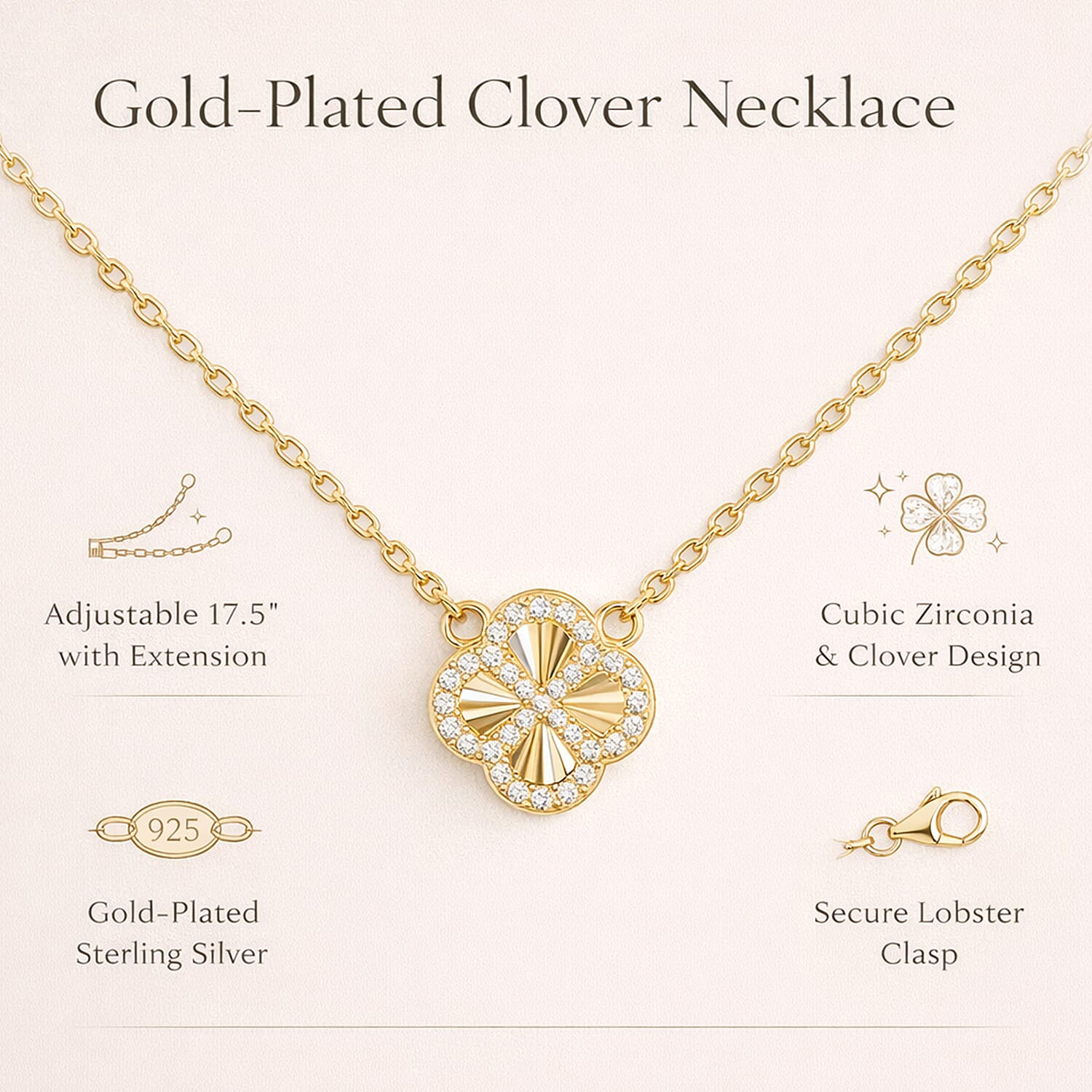 Cubic Zirconia Necklace (Size - 17.5 Inch with Ext) in Gold Plated Sterling Silver