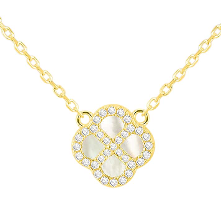 Mother Of Pearl, Cubic Zirconia Clover Reversible Necklace (Size - 18 Inch with Ext) with Lobster Clasp in Gold Plated Sterling Silver
