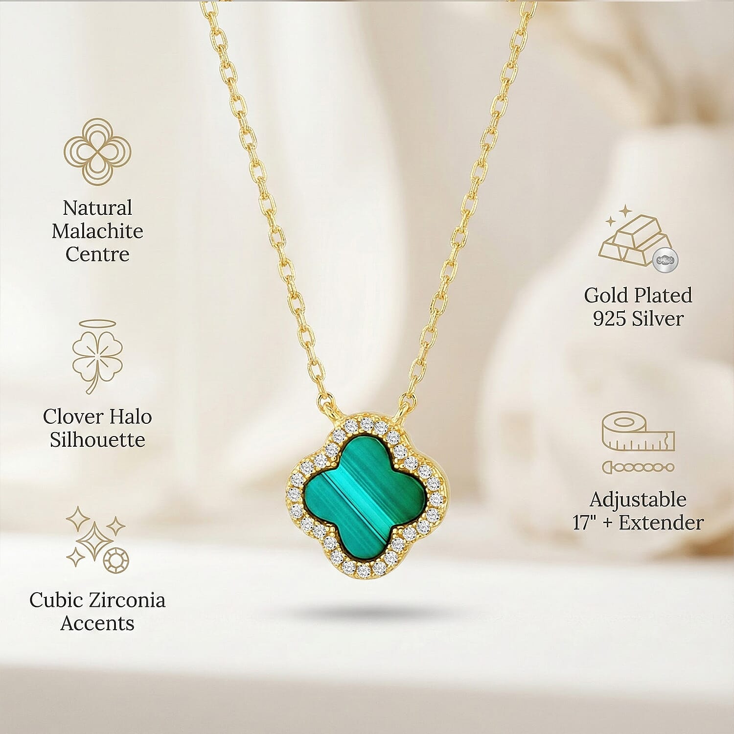 Malachite & Cubic Zirconia Necklace (Size - 17 Inch with Ext) in Gold Plated Sterling Silver