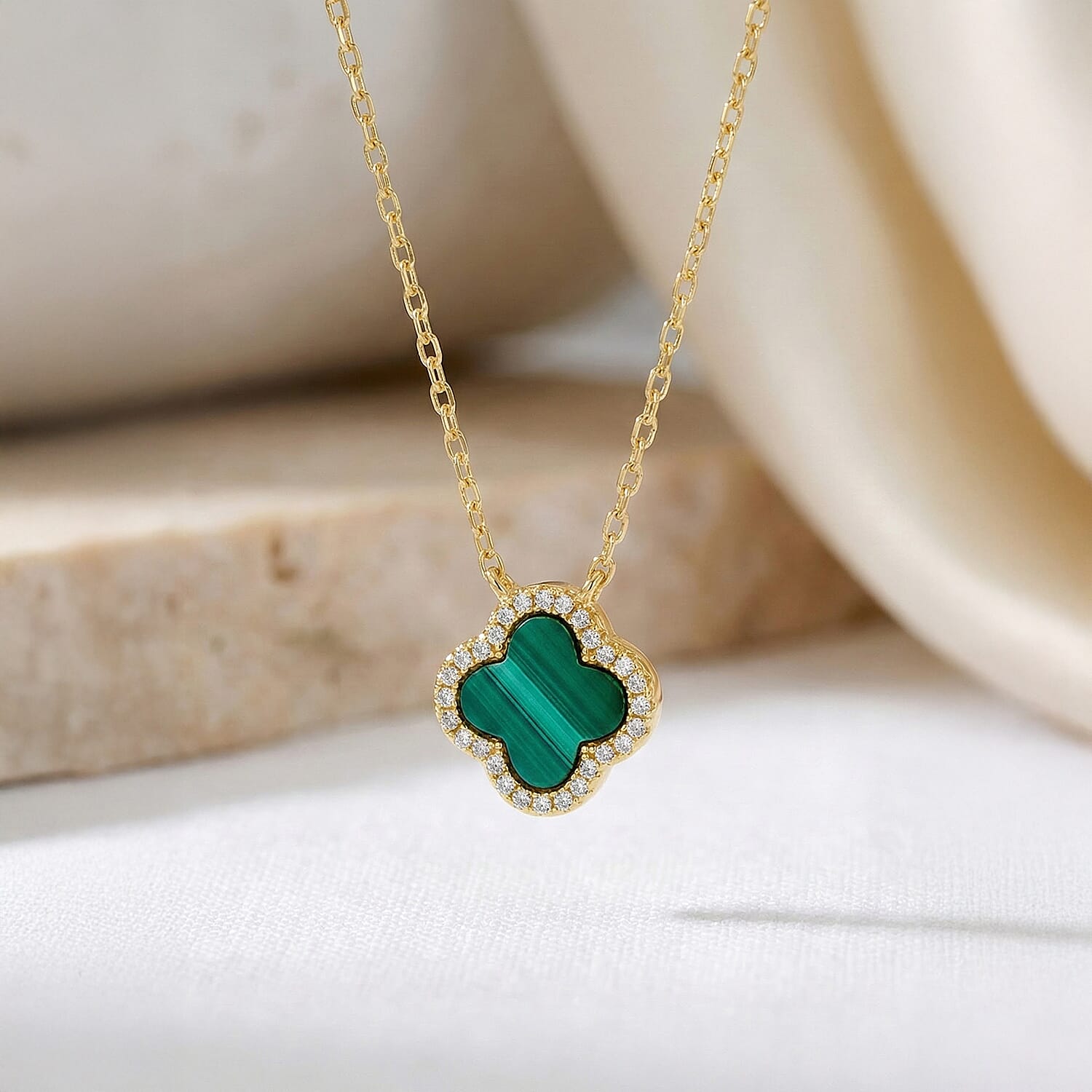 Malachite & Cubic Zirconia Necklace (Size - 17 Inch with Ext) in Gold Plated Sterling Silver