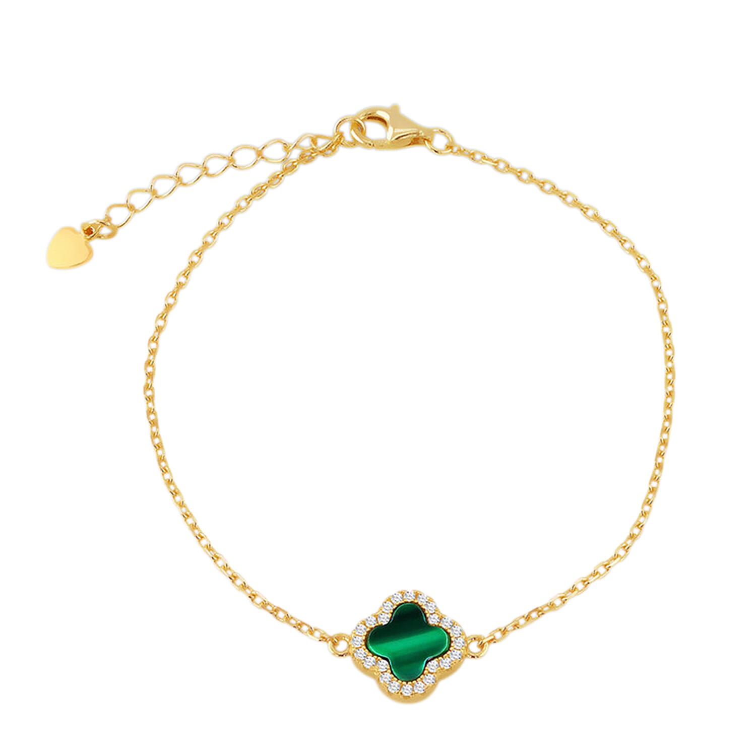 Malachite & Cubic Zirconia Bracelet (Size - 8 Inch with Ext) in Gold Plated Sterling Silver