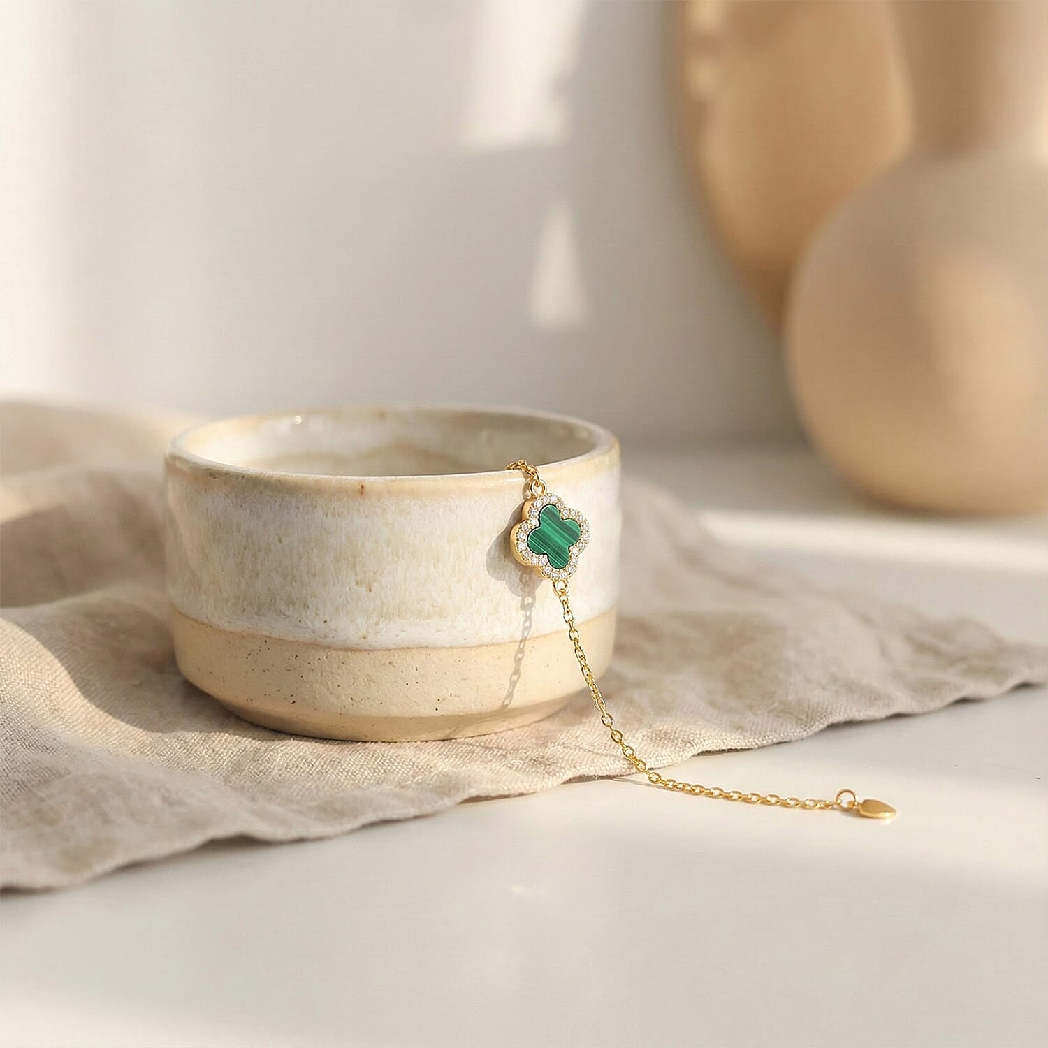 Malachite & Cubic Zirconia Bracelet (Size - 8 Inch with Ext) in Gold Plated Sterling Silver