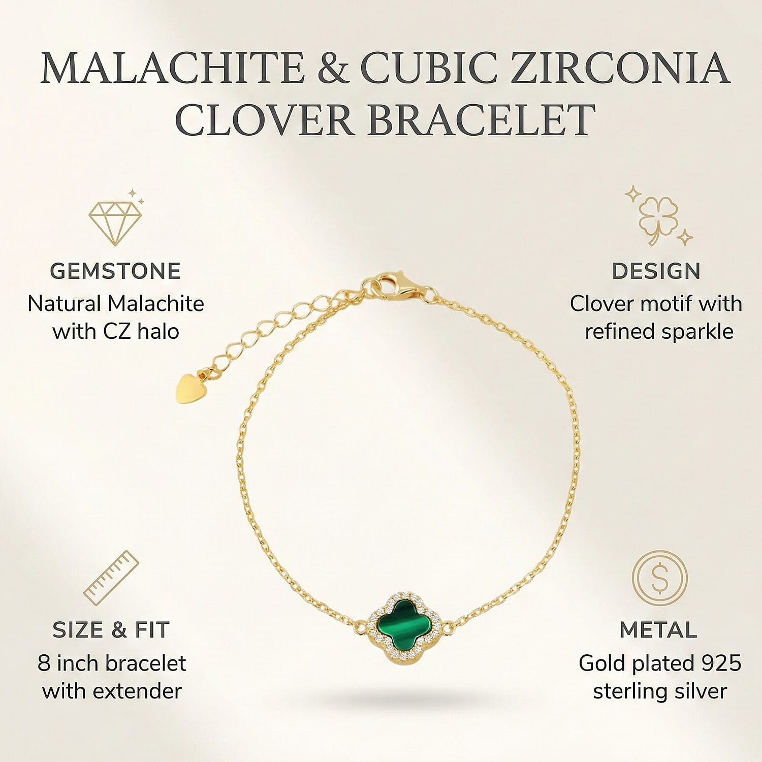 Malachite & Cubic Zirconia Bracelet (Size - 8 Inch with Ext) in Gold Plated Sterling Silver