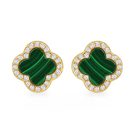 Malachite & Cubic Zirconia Clover Halo Stud Earring in Gold Plated Sterling Silver