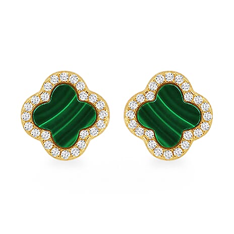 Malachite & Cubic Zirconia Push Back Earring in Gold Plated Sterling Silver