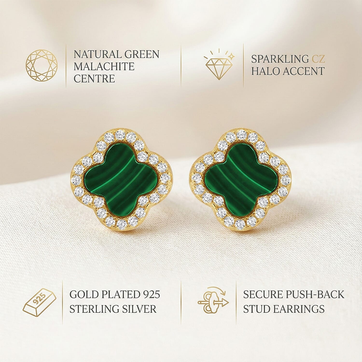 Malachite & Cubic Zirconia Push Back Earring in Gold Plated Sterling Silver