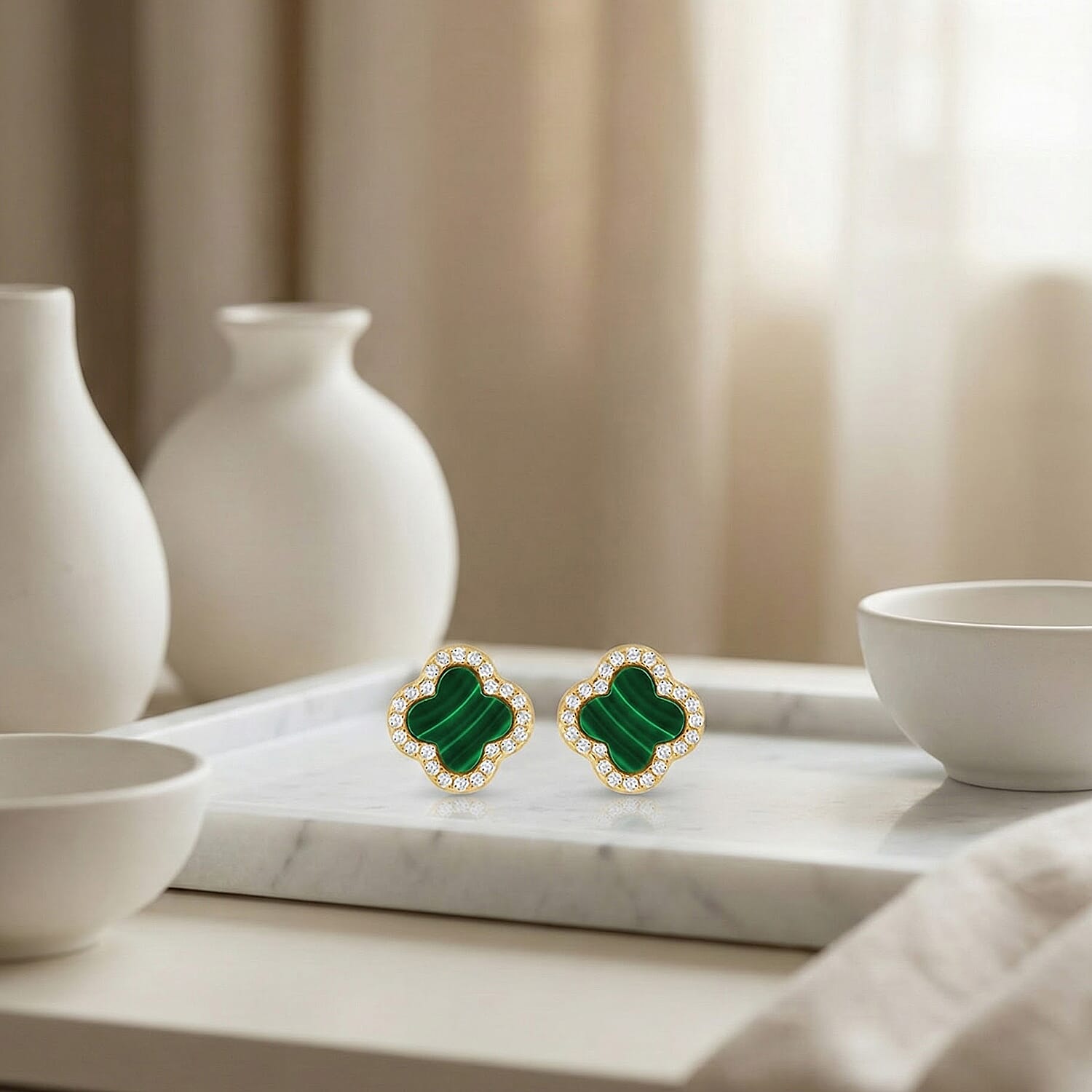 Malachite & Cubic Zirconia Push Back Earring in Gold Plated Sterling Silver