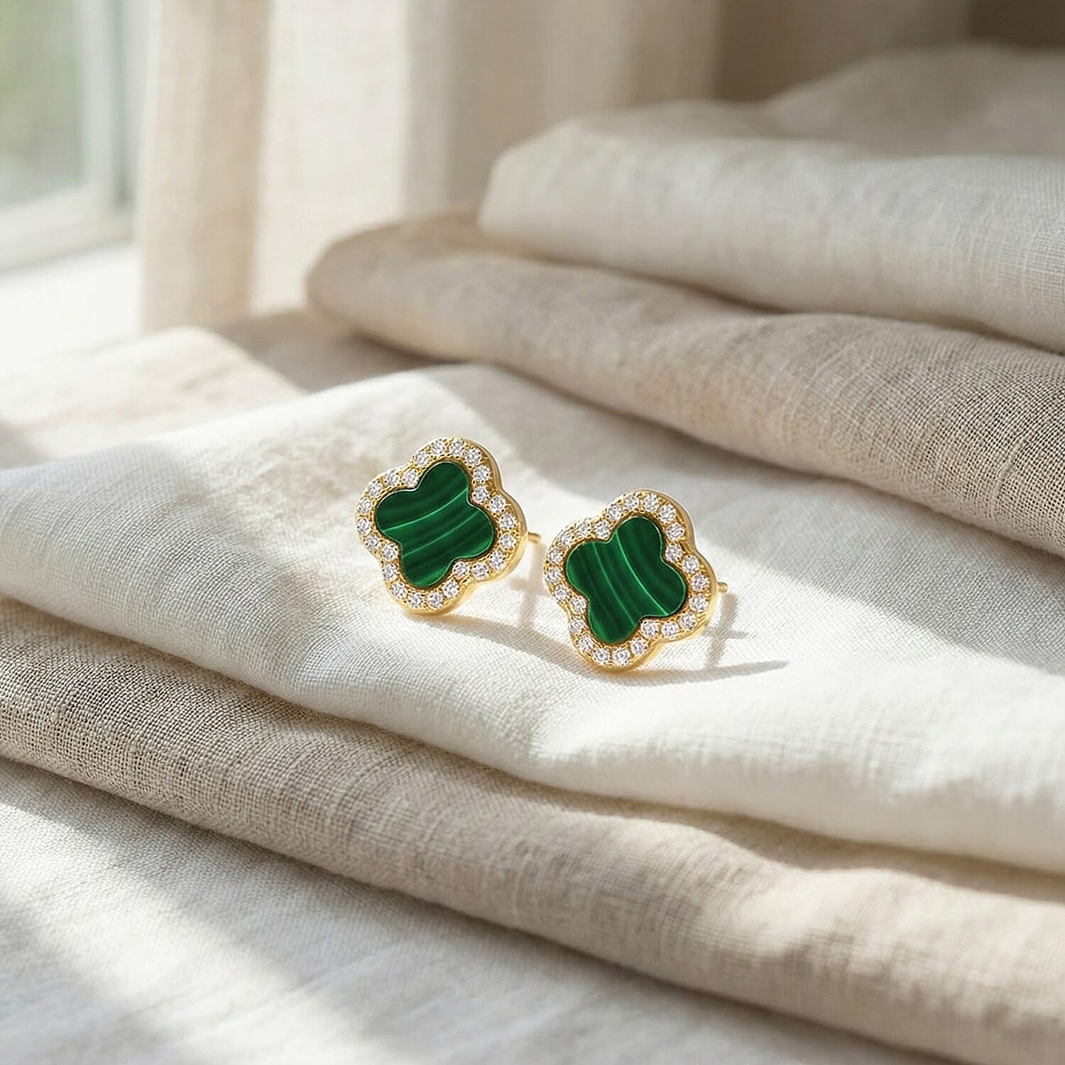 Malachite & Cubic Zirconia Push Back Earring in Gold Plated Sterling Silver