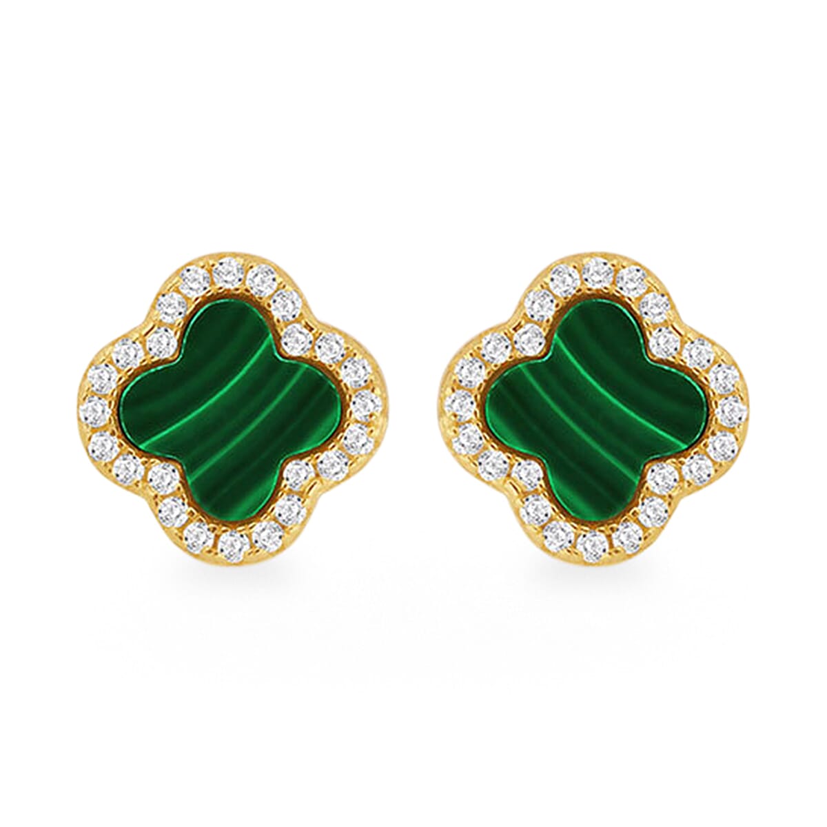 Malachite, Cubic Zirconia Earring Sterling Silver  0.200  Ct.