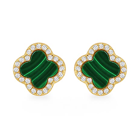 Malachite, Cubic Zirconia Earring Sterling Silver  0.200  Ct.