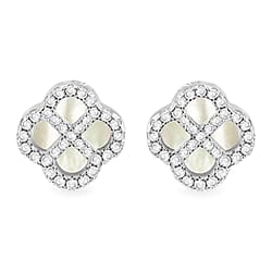 Mother Of Pearl, Cubic Zirconia Clover Push Back Earring in Gold Plated Sterling Silver