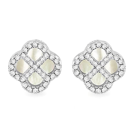Mother Of Pearl & Cubic Zirconia Push Back Earring in Rhodium Overlay Sterling Silver