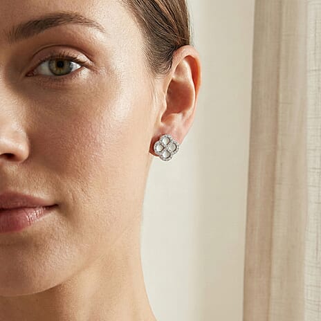 Mother Of Pearl & Cubic Zirconia Push Back Earring in Rhodium Overlay Sterling Silver