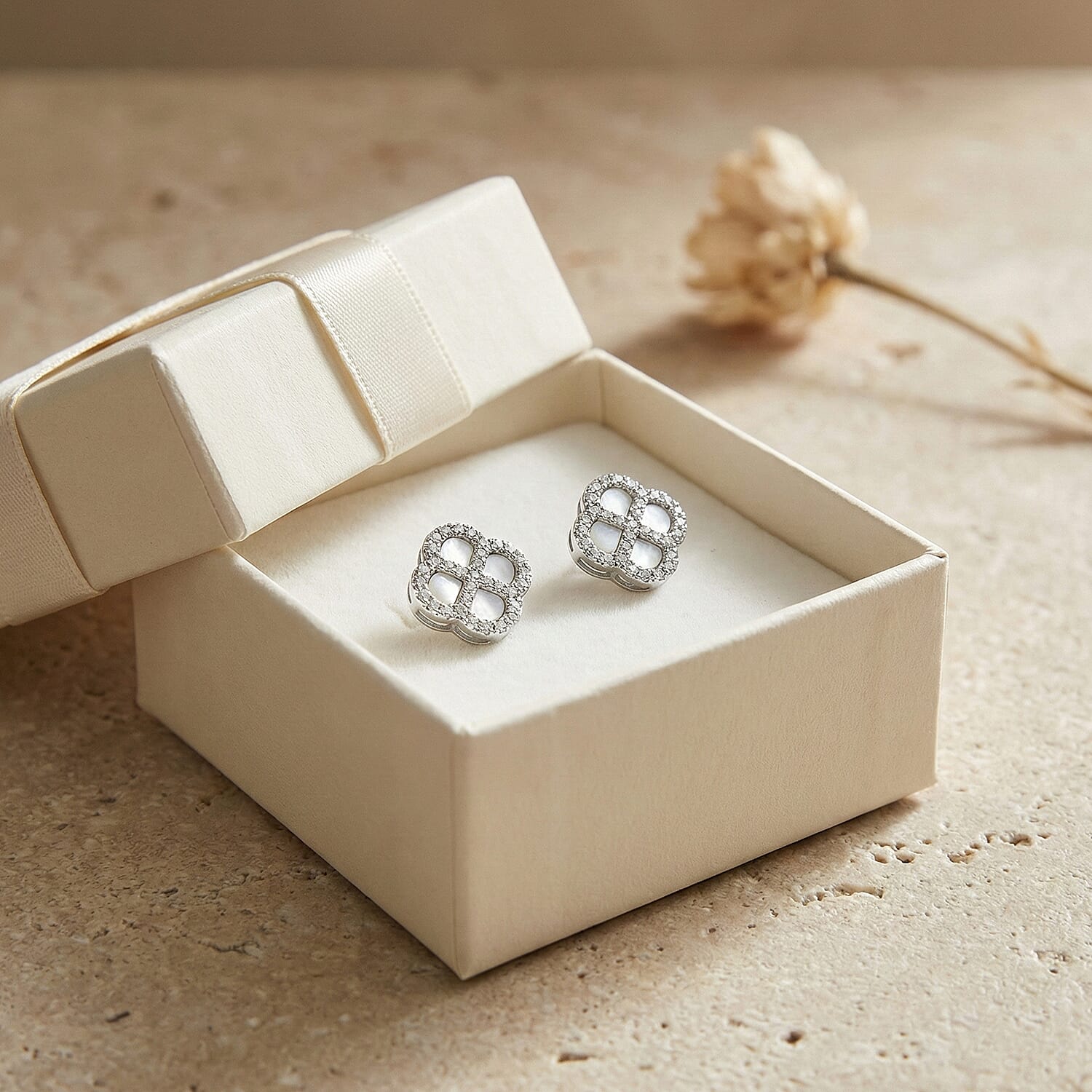 Mother Of Pearl & Cubic Zirconia Push Back Earring in Rhodium Overlay Sterling Silver