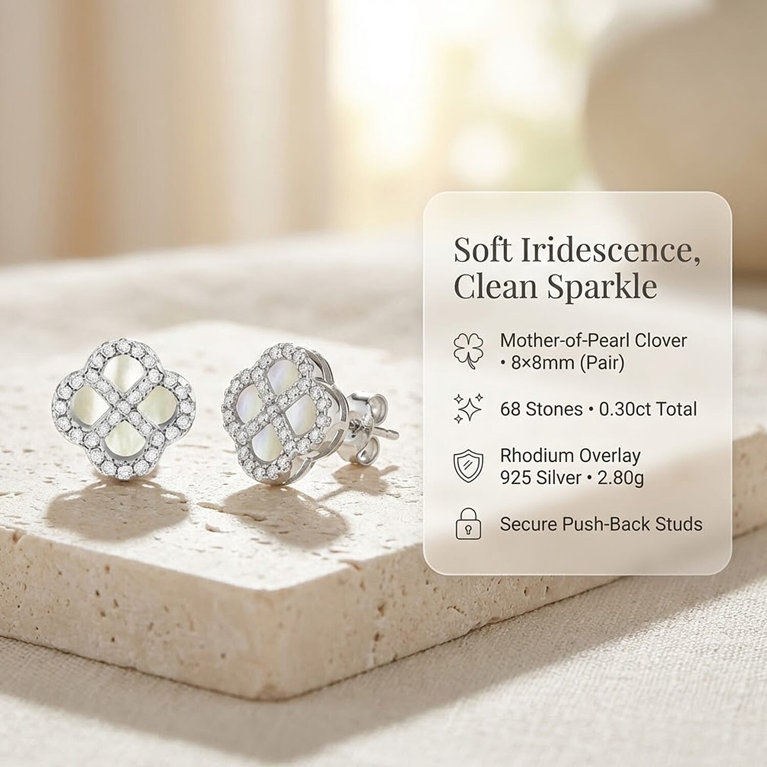 Mother Of Pearl & Cubic Zirconia Push Back Earring in Rhodium Overlay Sterling Silver