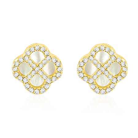 Mother Of Pearl, Cubic Zirconia Clover Push Back Earring in Gold Plated Sterling Silver