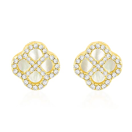 Mother Of Pearl & Cubic Zirconia Push Back Earring in Gold Plated Sterling Silver