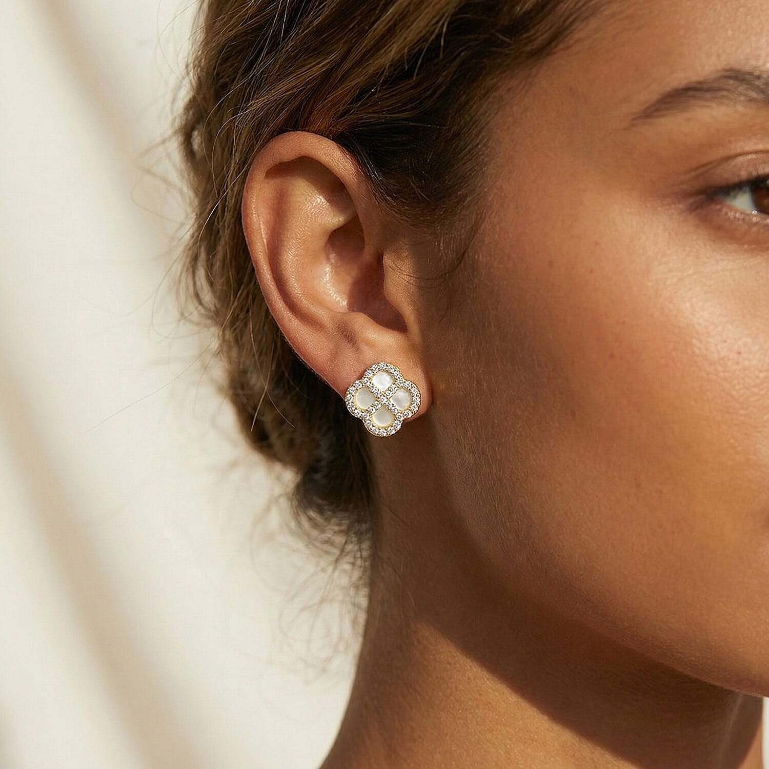 Mother Of Pearl & Cubic Zirconia Push Back Earring in Gold Plated Sterling Silver