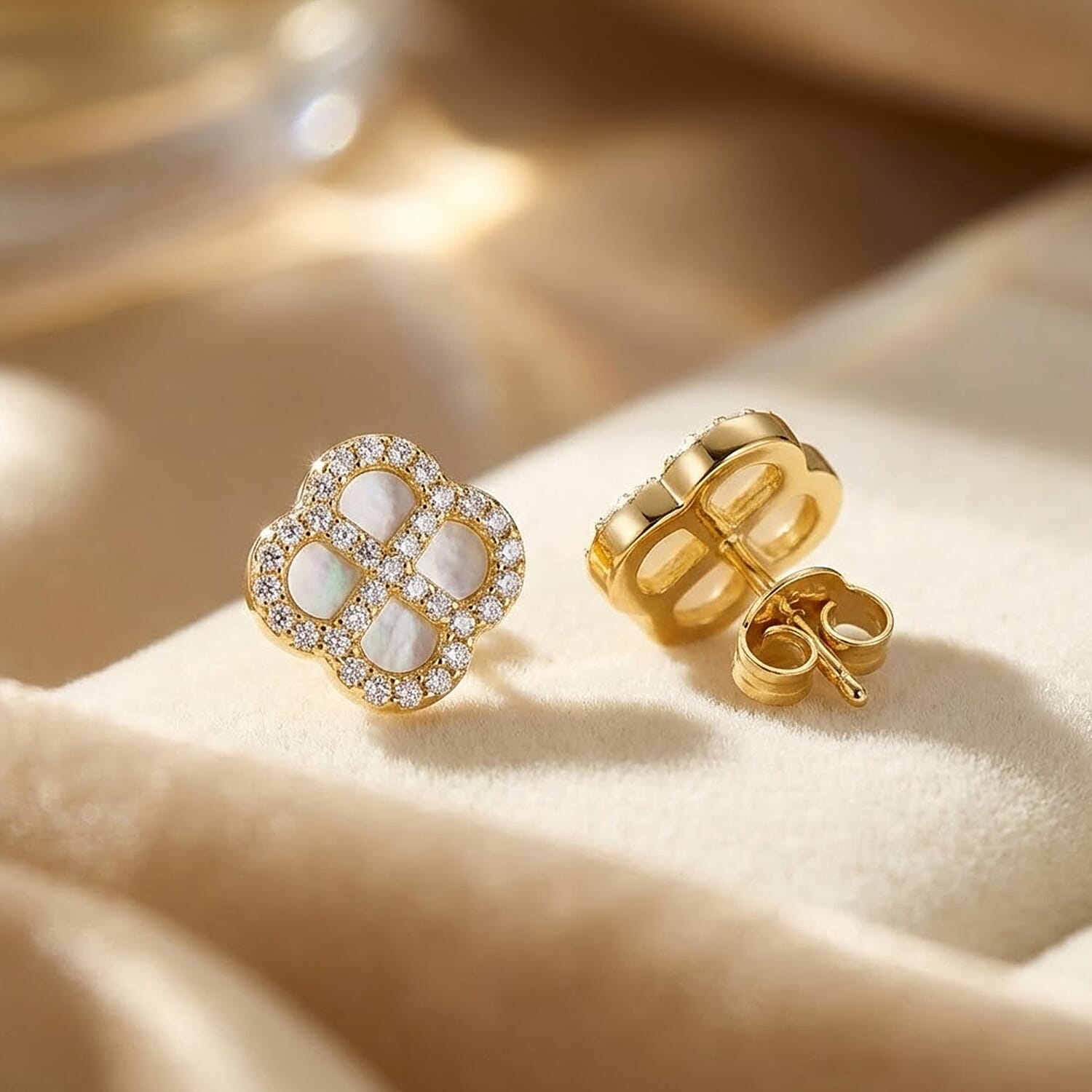 Mother Of Pearl & Cubic Zirconia Push Back Earring in Gold Plated Sterling Silver