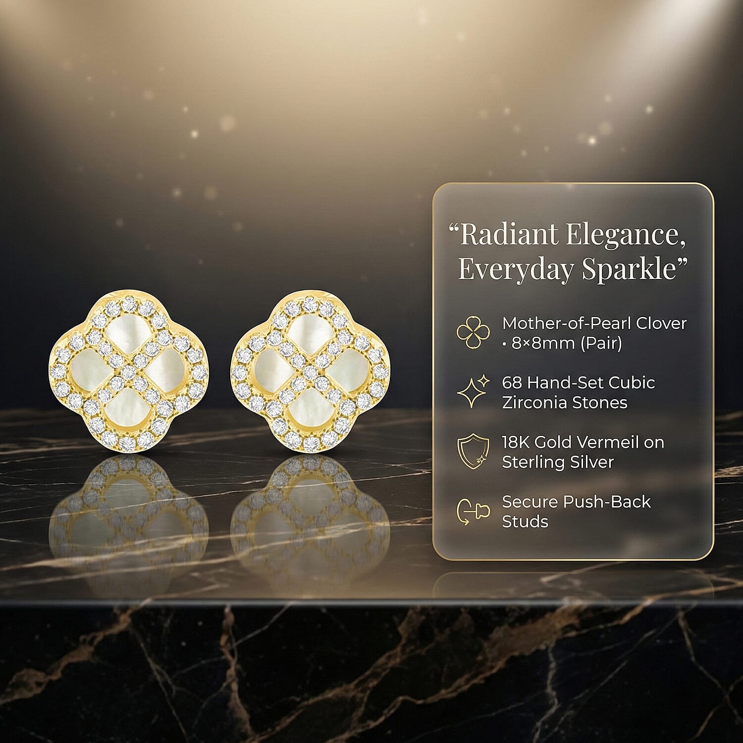 Mother Of Pearl & Cubic Zirconia Push Back Earring in Gold Plated Sterling Silver