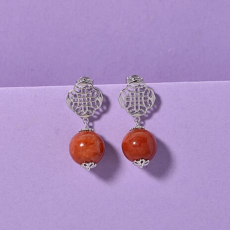 D'Joy Enhanced Red Jade Ball Drop Earring with Push Back in Rhodium Overlay Sterling Silver 29.00 Ct.