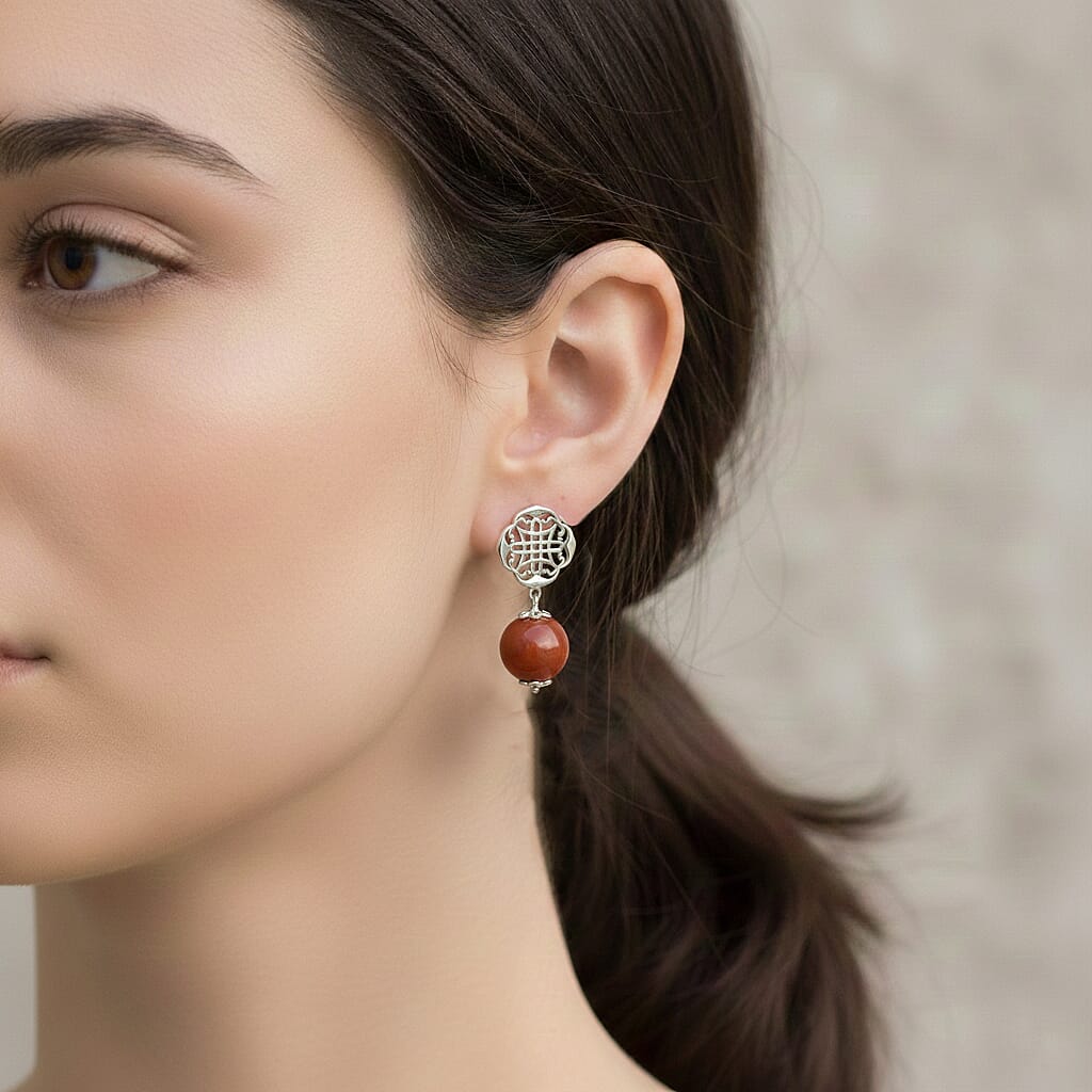 D'Joy Enhanced Red Jade Ball Drop Earring with Push Back in Rhodium Overlay Sterling Silver 29.00 Ct.