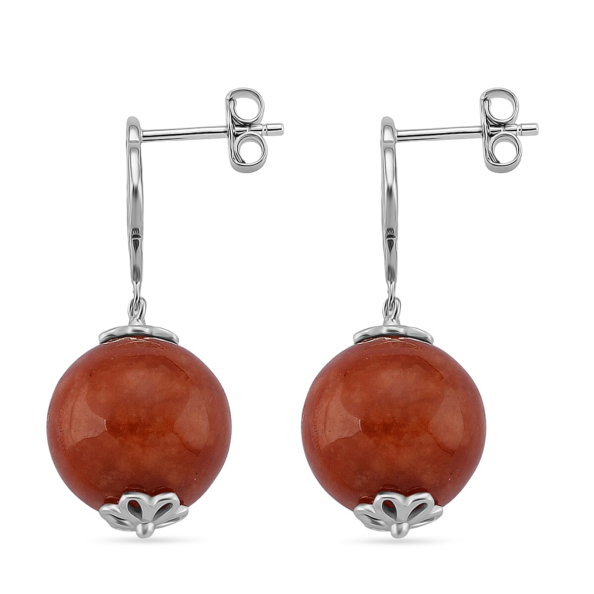 D'Joy Enhanced Red Jade Ball Drop Earring with Push Back in Rhodium Overlay Sterling Silver 29.00 Ct.