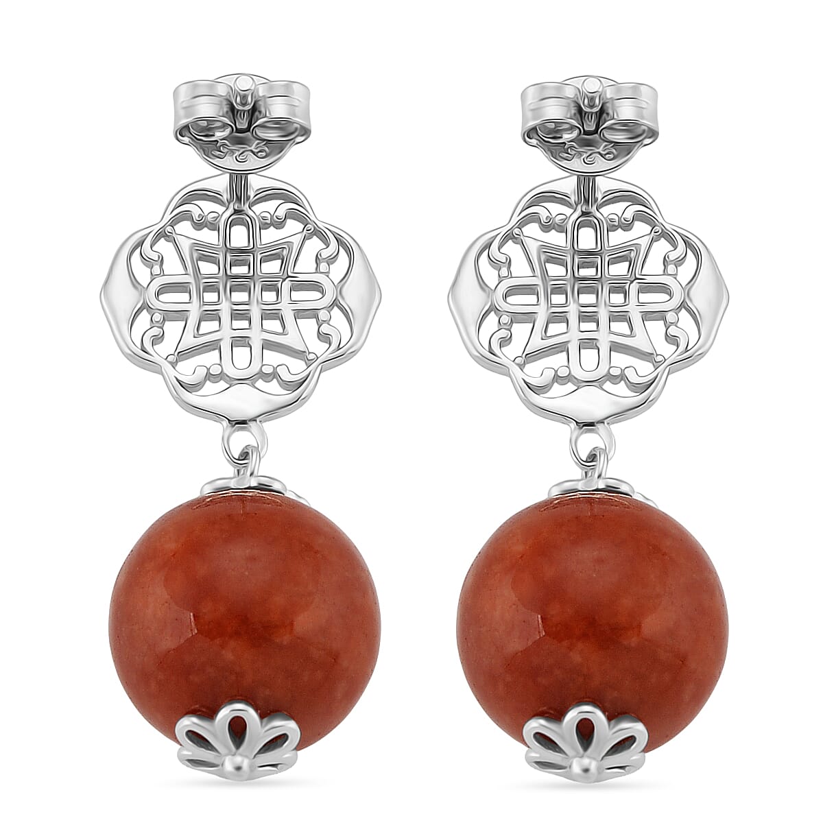 D'Joy Enhanced Red Jade Ball Drop Earring with Push Back in Rhodium Overlay Sterling Silver 29.00 Ct.