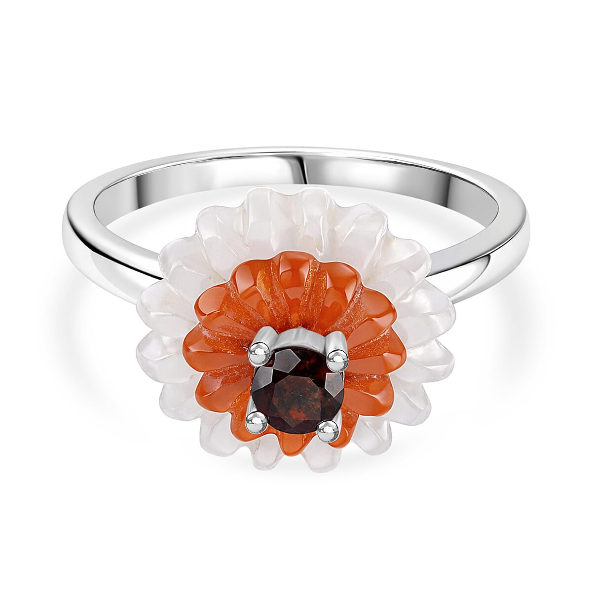 D'Joy Red Garnet, Dyed White Jade & Enhanced Red Jade Floral Cluster Ring in Rhodium Overlay Sterling Silver 9.15 Ct.