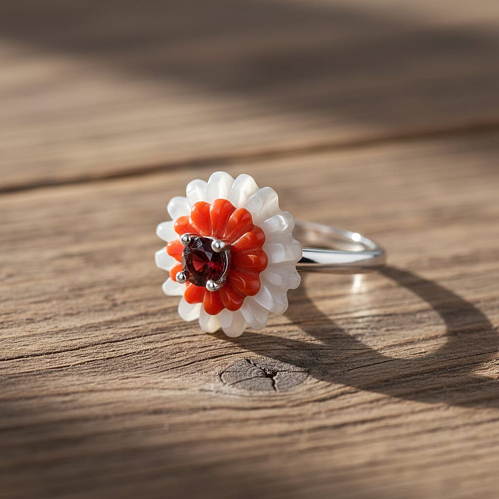D'Joy Red Garnet, Dyed White Jade & Enhanced Red Jade Floral Cluster Ring in Rhodium Overlay Sterling Silver 9.15 Ct.