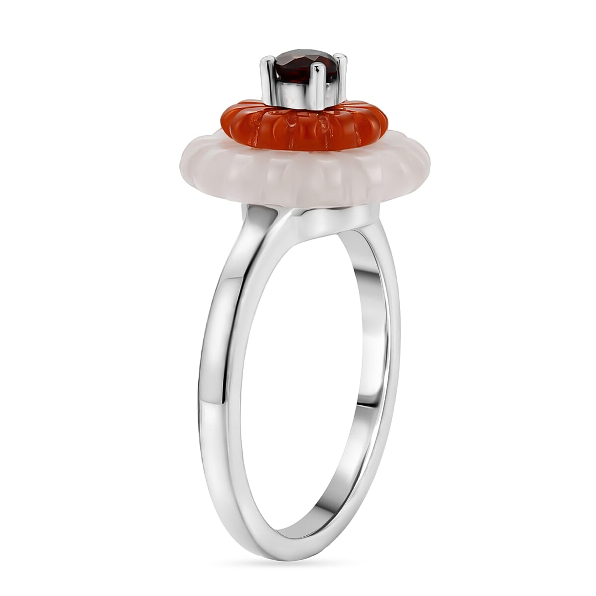 D'Joy Red Garnet, Dyed White Jade & Enhanced Red Jade Floral Cluster Ring in Rhodium Overlay Sterling Silver 9.15 Ct.