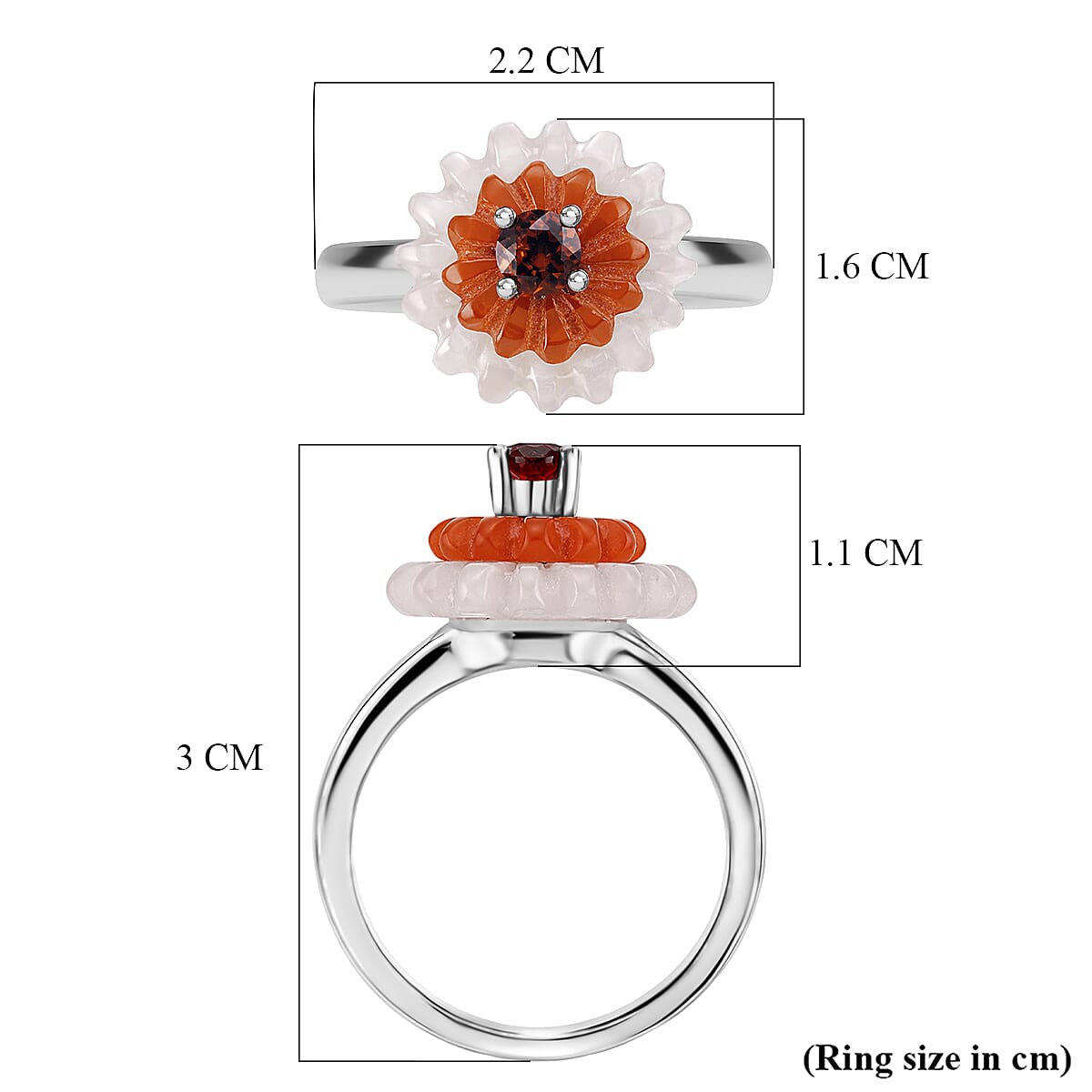 D'Joy Red Garnet, Dyed White Jade & Enhanced Red Jade Floral Cluster Ring in Rhodium Overlay Sterling Silver 9.15 Ct.