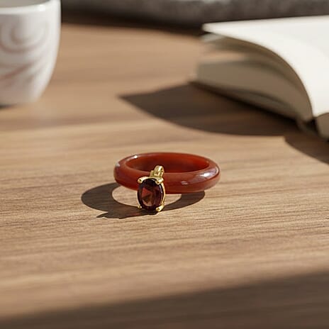 D'Joy Enhanced Red Jade & Rhodolite Garnet Solitaire Band Ring in Yellow Gold Plated Sterling Silver 14.10 Ct.