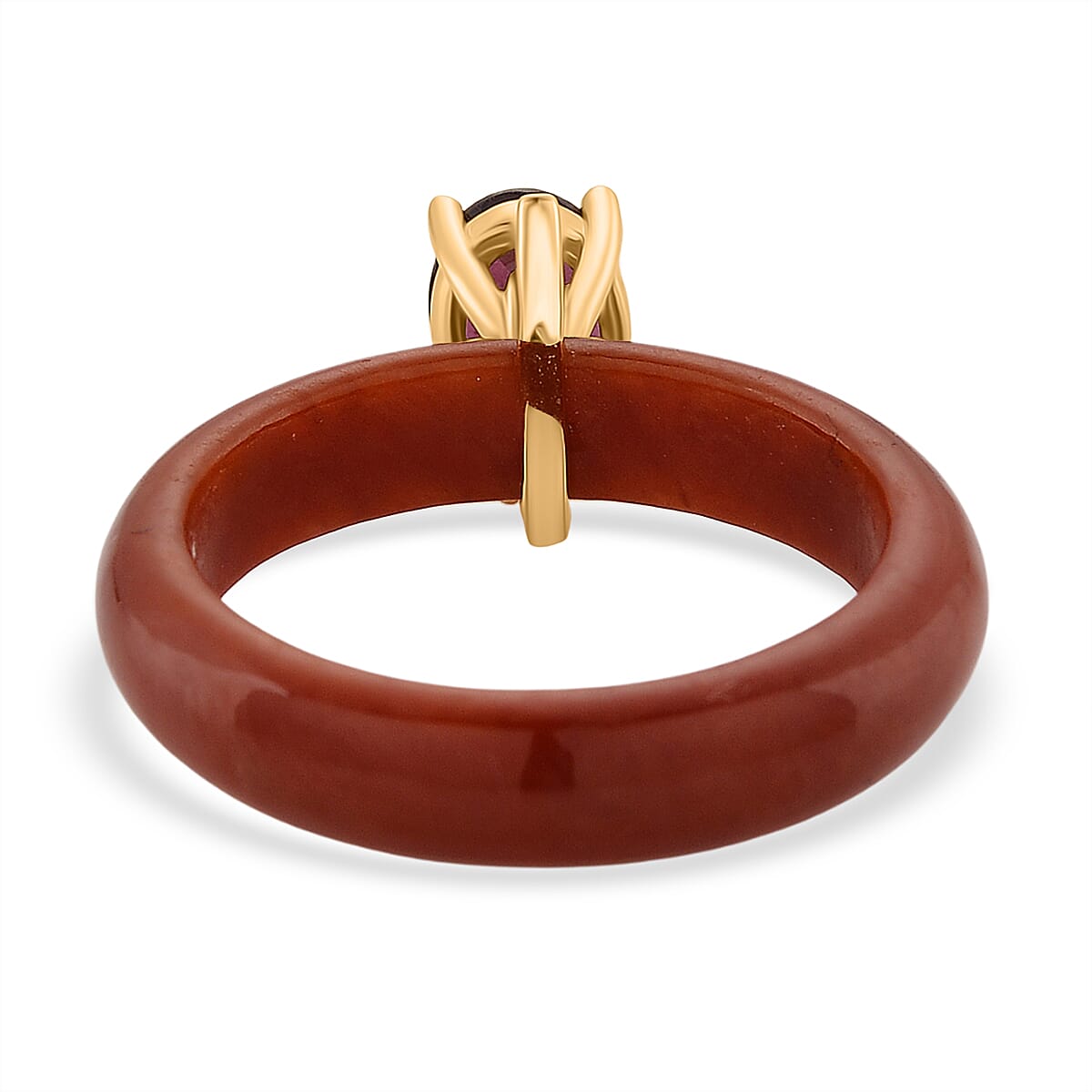D'Joy Enhanced Red Jade & Rhodolite Garnet Solitaire Band Ring in Yellow Gold Plated Sterling Silver 14.10 Ct.
