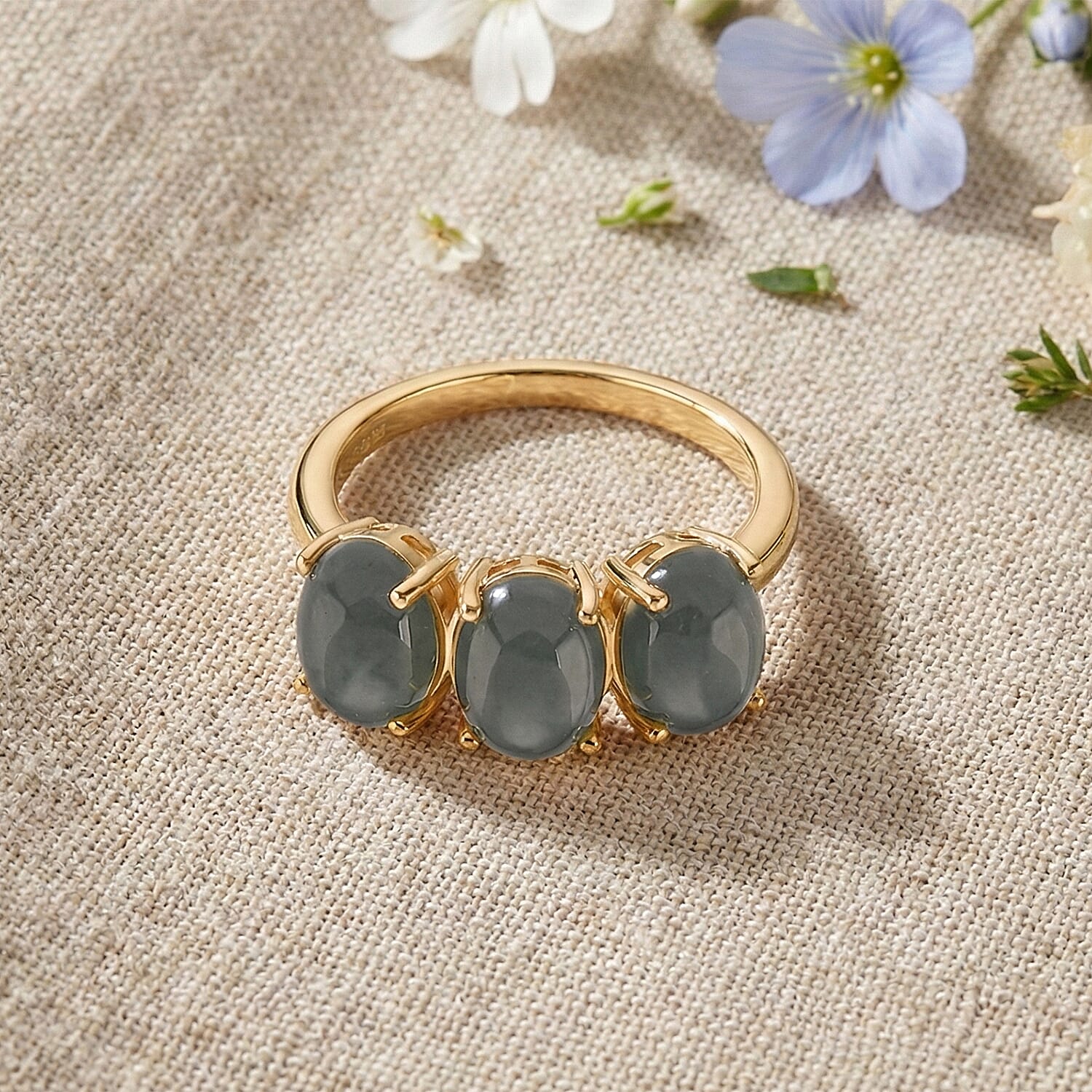 D'Joy Natural Jadeite Trilogy Ring in Yellow Gold Plated Sterling Silver 5.00 Ct.