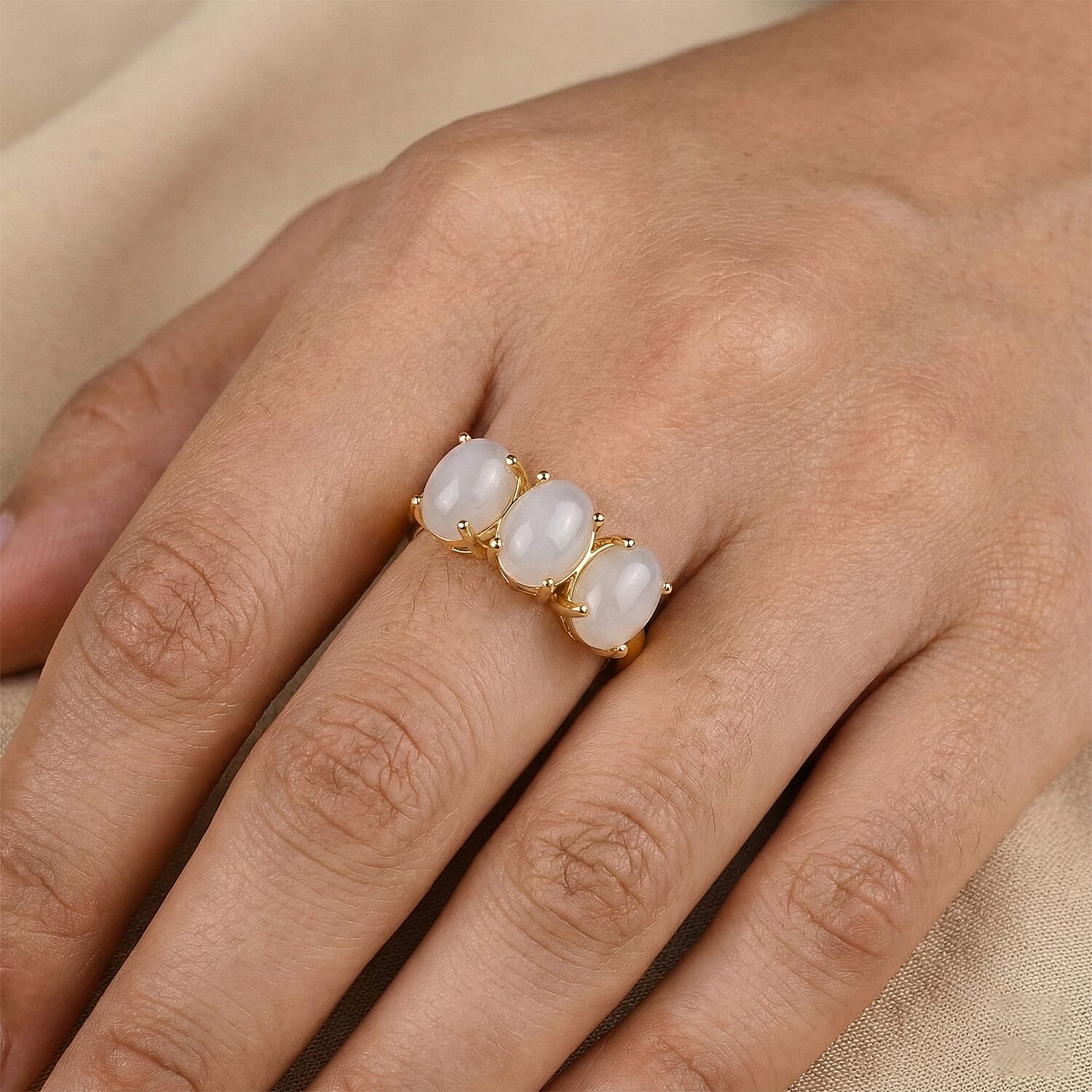 D'Joy Natural White Jade Trilogy Ring in Yellow Gold Plated Sterling Silver 5.00 Ct.