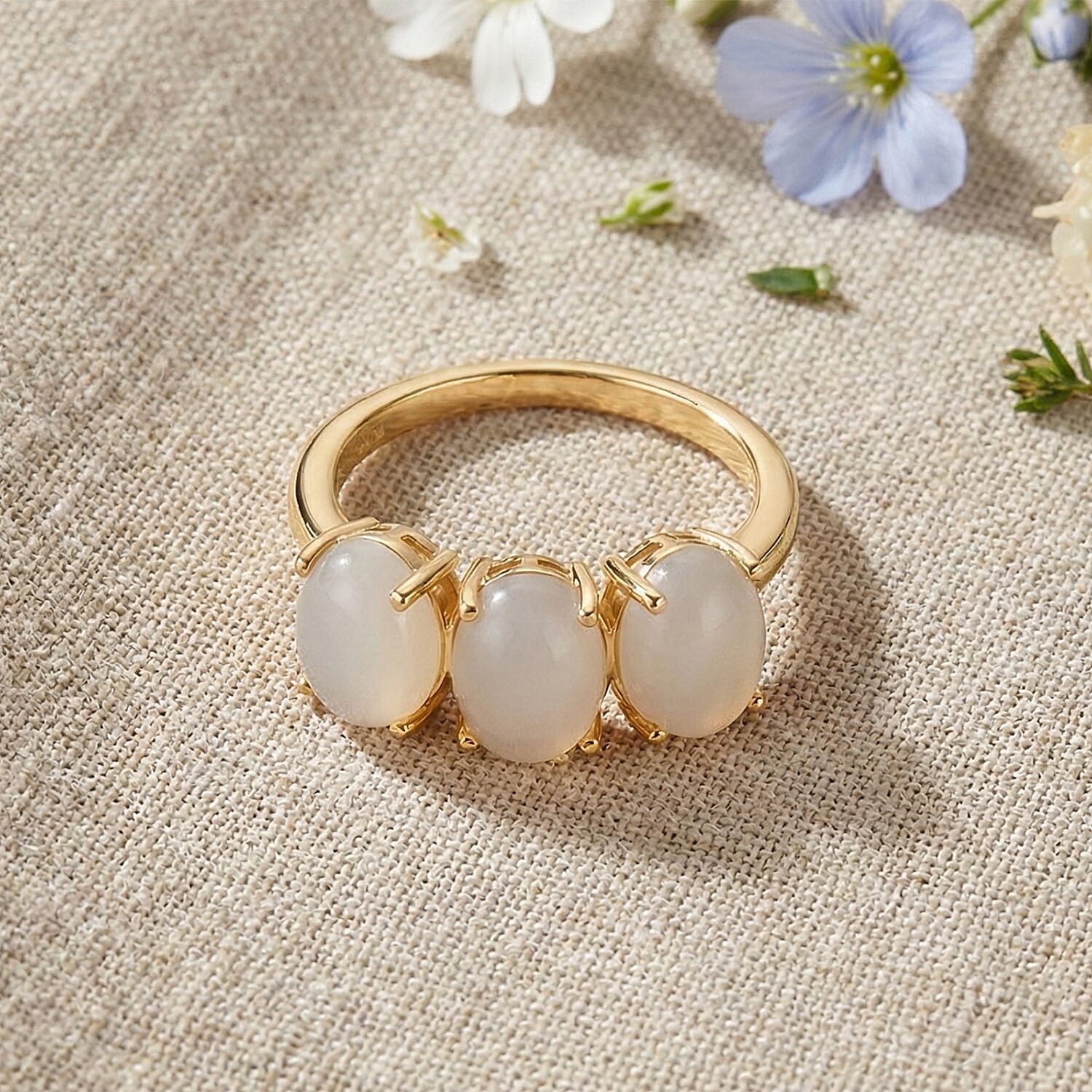 D'Joy Natural White Jade Trilogy Ring in Yellow Gold Plated Sterling Silver 5.00 Ct.