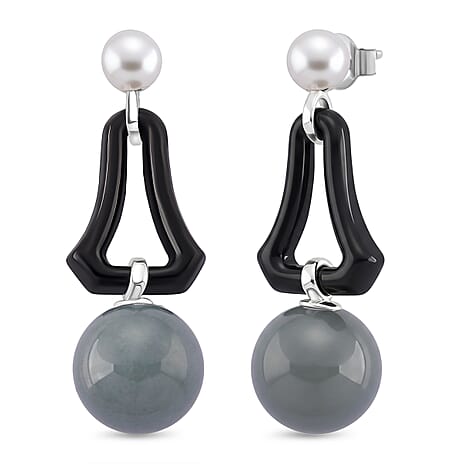 D'Joy Dyed Black Jade, Fresh Water Pearl & Natural Jadeite Dangling Earring in Rhodium Overlay Sterling Silver