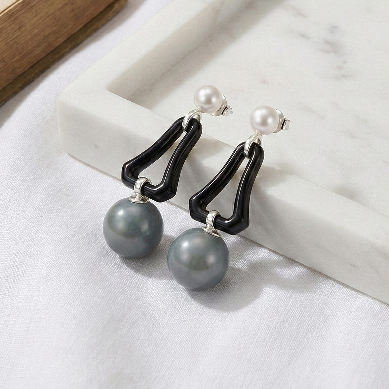 D'Joy Dyed Black Jade, Fresh Water Pearl & Natural Jadeite Dangling Earring in Rhodium Overlay Sterling Silver