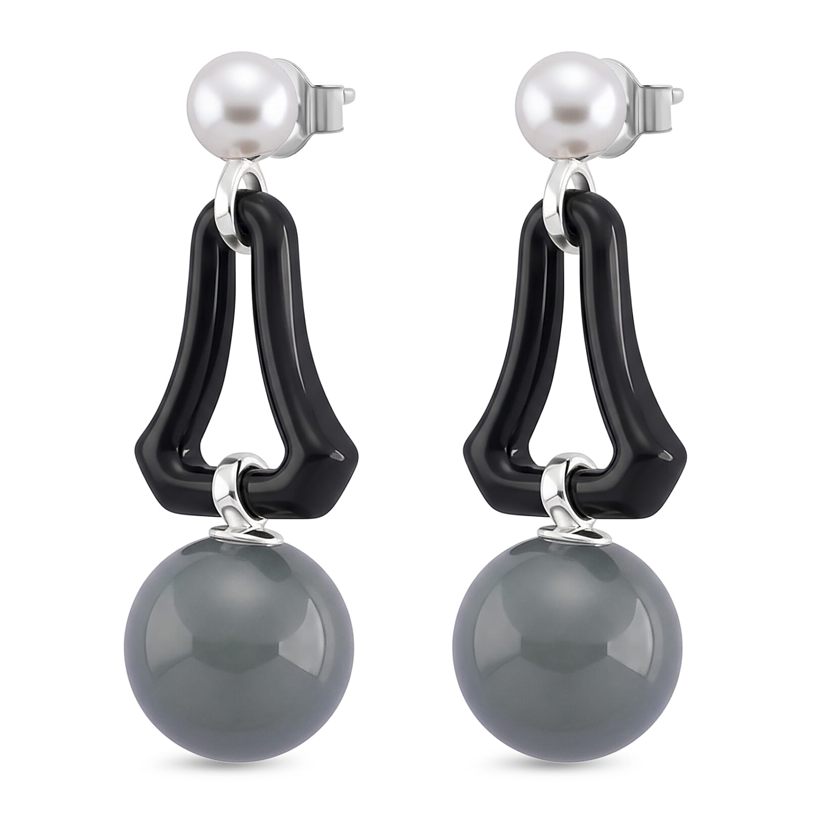 D'Joy Dyed Black Jade, Fresh Water Pearl & Natural Jadeite Dangling Earring in Rhodium Overlay Sterling Silver