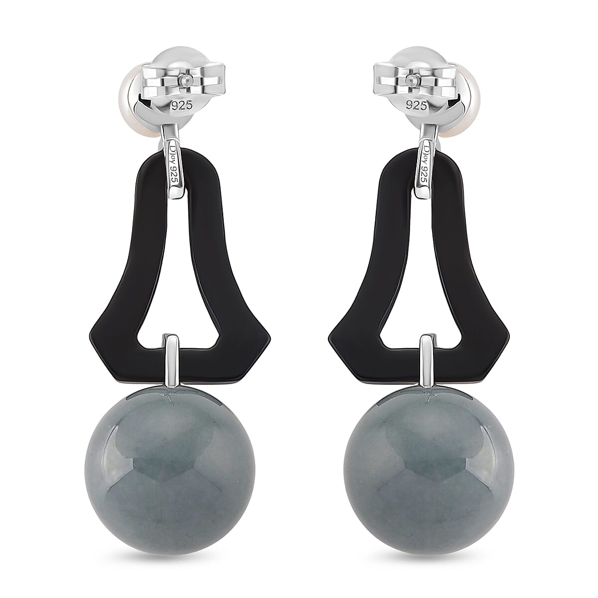 D'Joy Dyed Black Jade, Fresh Water Pearl & Natural Jadeite Dangling Earring in Rhodium Overlay Sterling Silver