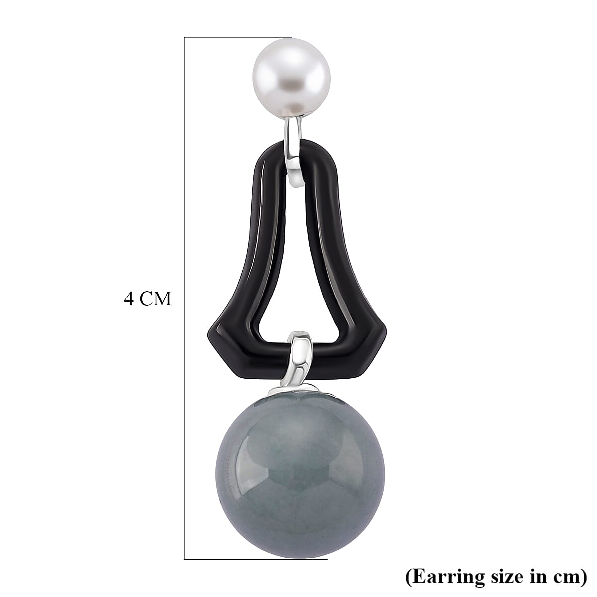 D'Joy Dyed Black Jade, Fresh Water Pearl & Natural Jadeite Dangling Earring in Rhodium Overlay Sterling Silver