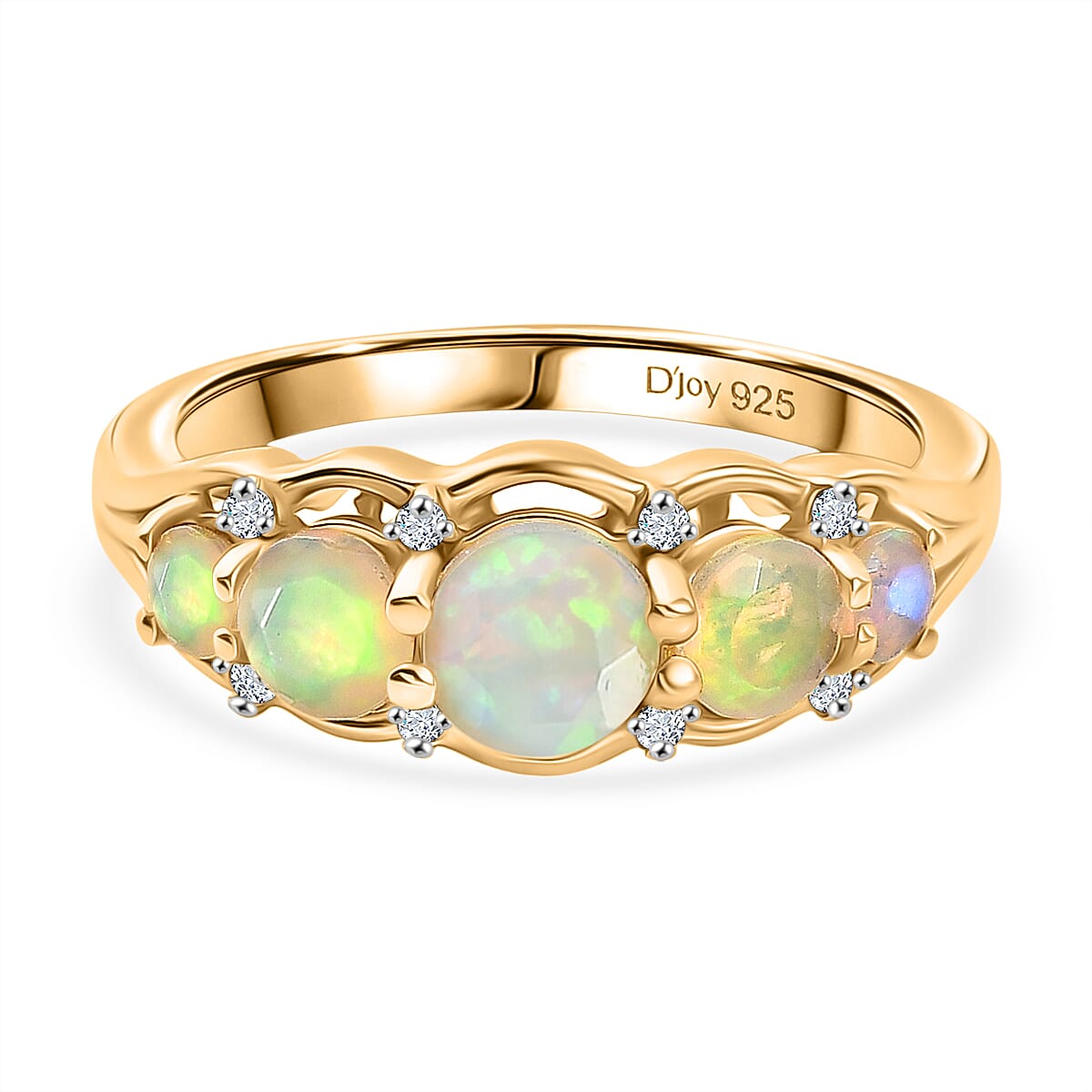 D'Joy Faceted Ethiopian Opal & White Zircon 5 Stone Ring in Yellow Gold Plated Sterling Silver 0.95 Ct.