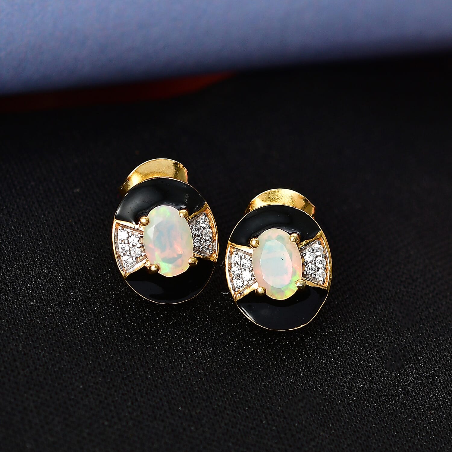 D'Joy Faceted Ethiopian Opal & White Zircon Solitaire Stud Push Post Earring in Yellow Gold Plated Sterling Silver.