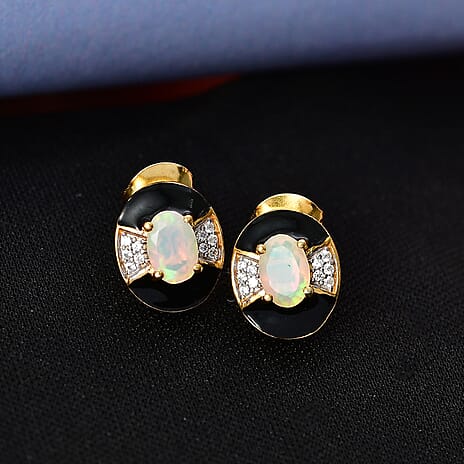 D'Joy Faceted Ethiopian Opal & White Zircon Solitaire Stud Push Post Earring in Yellow Gold Plated Sterling Silver.