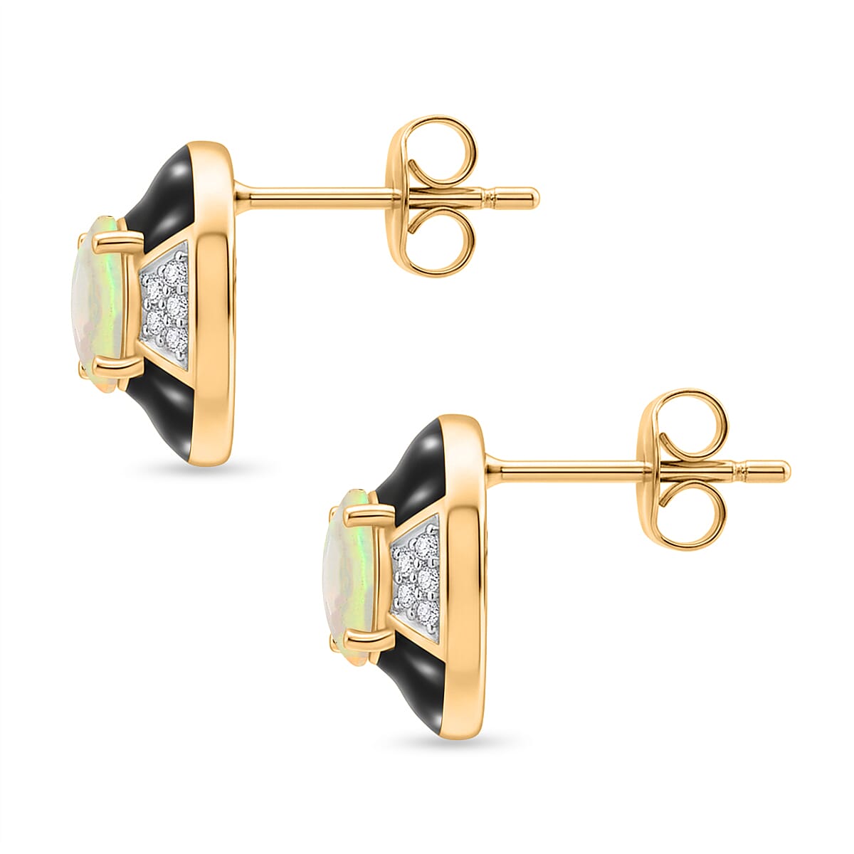 D'Joy Faceted Ethiopian Opal & White Zircon Solitaire Stud Push Post Earring in Yellow Gold Plated Sterling Silver.