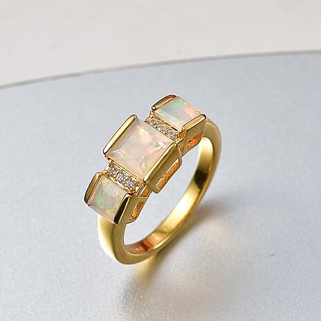 D'Joy Faceted Ethiopian Opal & White Zircon Trilogy Ring in Yellow Gold Plated Sterling Silver 1.23 Ct.