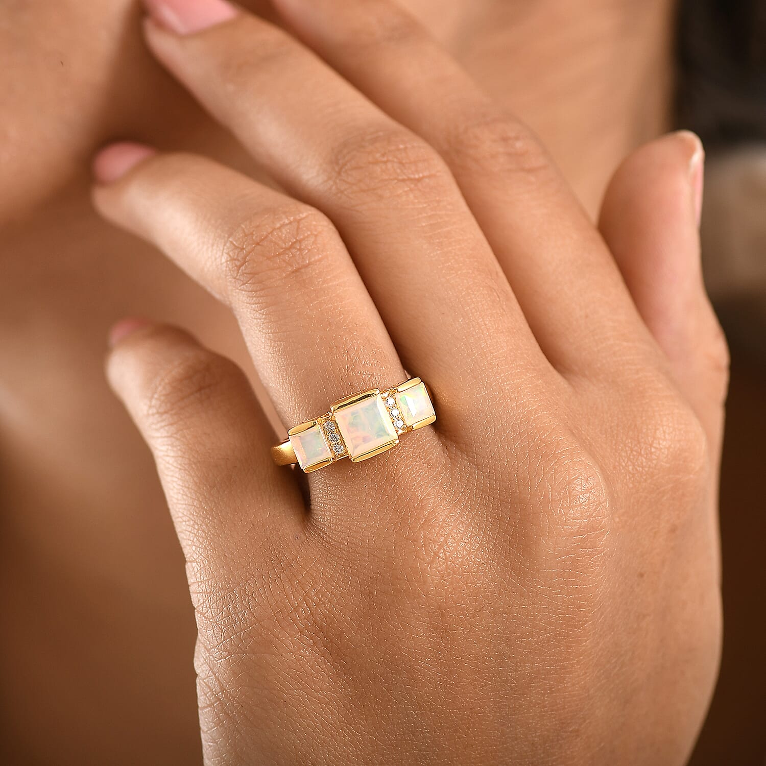 D'Joy Faceted Ethiopian Opal & White Zircon Trilogy Ring in Yellow Gold Plated Sterling Silver 1.23 Ct.