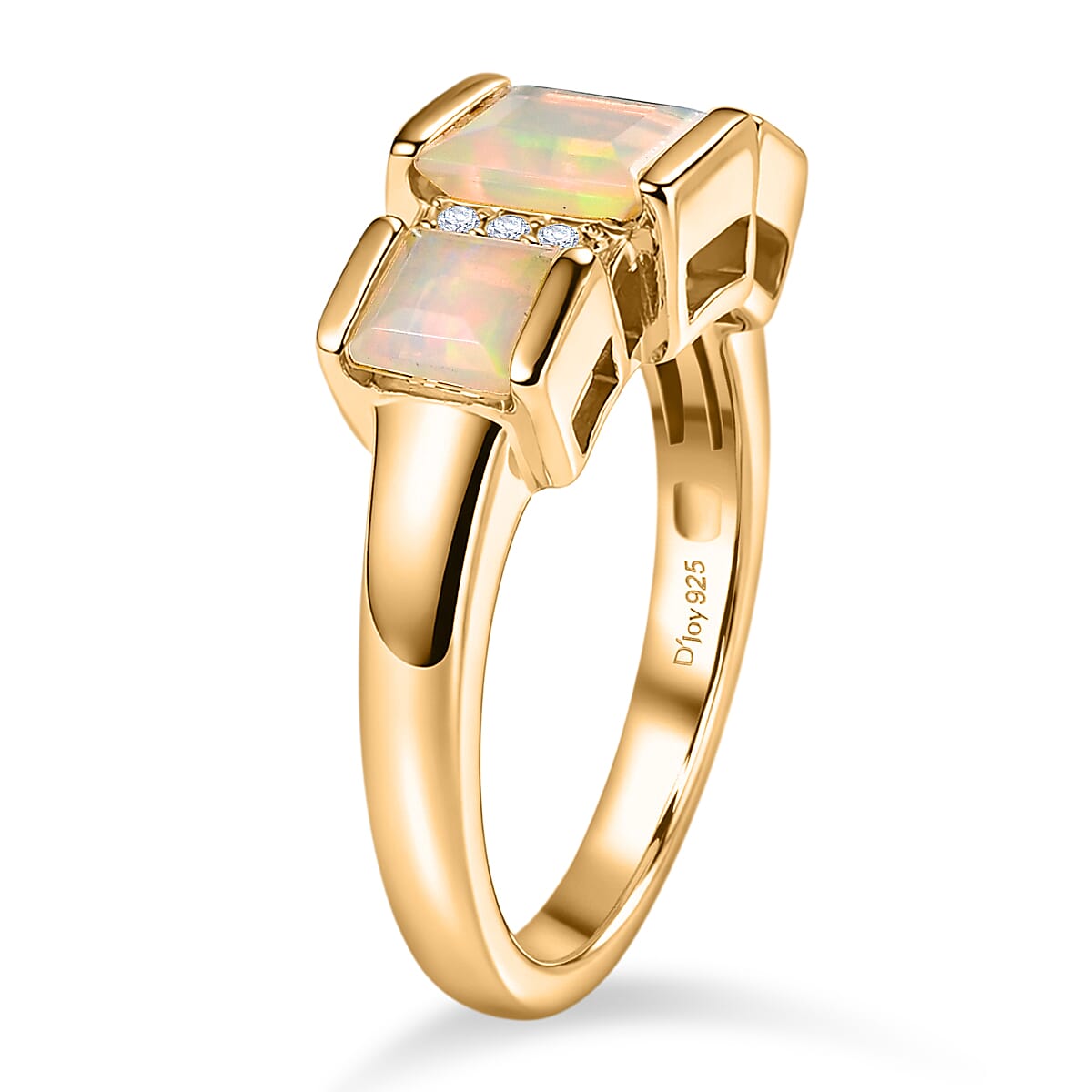 D'Joy Faceted Ethiopian Opal & White Zircon Trilogy Ring in Yellow Gold Plated Sterling Silver 1.23 Ct.